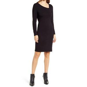 Fraiche By J Womens Asymmetrical Neck Long Sleeve Stretch Knit Dress In Black